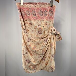 Valiante Linen Blend Floral Strapless Faux Wrap Mini Dress in Cream Orange Large